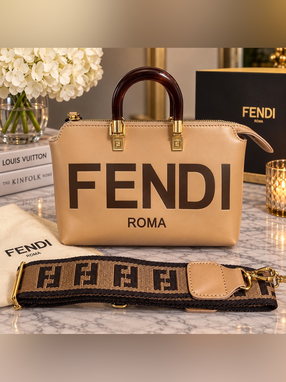 Source Unknown Beige Fendi Roma Satchel with Dark Brown Handle